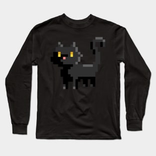 Pixel Art Black Cat 8 Bit Illustration on Orange Long Sleeve T-Shirt